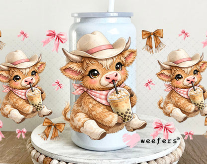 UV DTF Cup Wrap – Brown Cowgirl Highland Cow Boba - Weefers Exclusive 16oz Glass Can Generic Cup Wrap Weefers