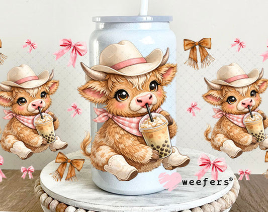 UV DTF Cup Wrap – Brown Cowgirl Highland Cow Boba - Weefers Exclusive 16oz Glass Can Generic Cup Wrap Weefers