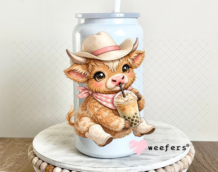 UV DTF Decal - Brown Cowgirl Cow Boba 16oz Glass Can Generic Weefers