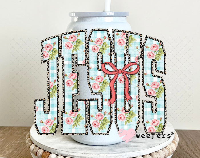 UV DTF Decal - Jesus Coquette Bow and Paisley 16oz Glass Can Generic Weefers