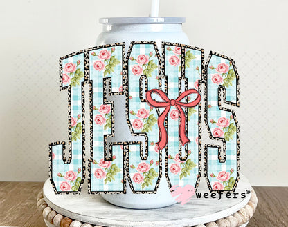 UV DTF Decal - Jesus Coquette Bow and Paisley 16oz Glass Can Generic Weefers