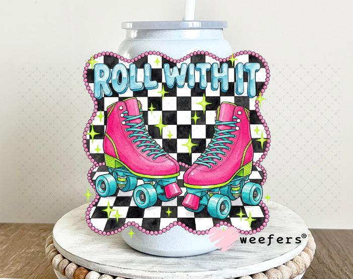 UV DTF Decal - Roll With It Pink Teal Skates 16oz Glass Can Generic Weefers