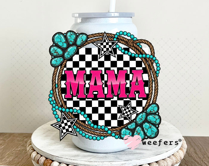 UV DTF Decal - Mama Western Jewels Checkered 16oz Glass Can Generic Weefers