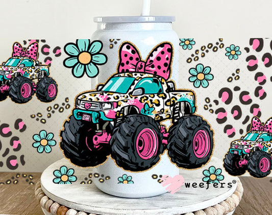 UV DTF Cup Wrap – Girly Leopard Monster Truck - Weefers Exclusive 16oz Glass Can Generic Cup Wrap Weefers