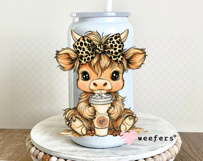 UV DTF Decal - Cutie Cow Leopard Bow Iced Coffee 16oz Glass Can Generic Weefers