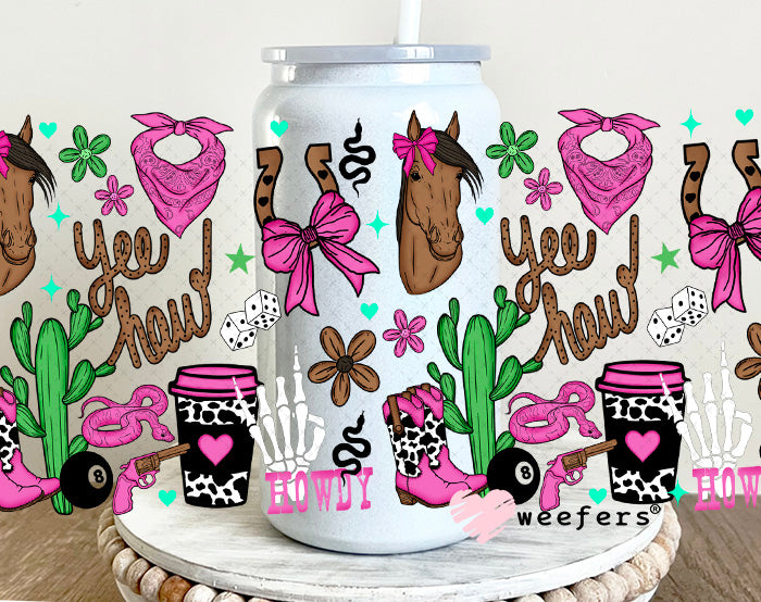 UV DTF Cup Wrap – Yee Haw Western Magenta 16oz Glass Can Generic Weefers