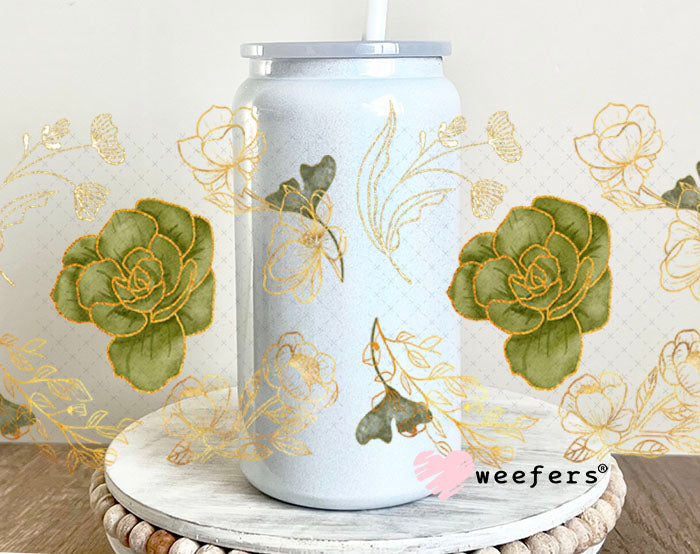 UV DTF Cup Wrap – Gold and Green Roses 16oz Glass Can Generic Weefers