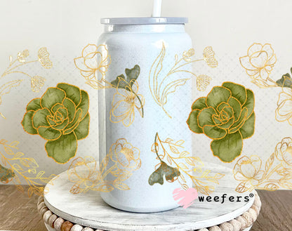 UV DTF Cup Wrap – Gold and Green Roses 16oz Glass Can Generic Weefers