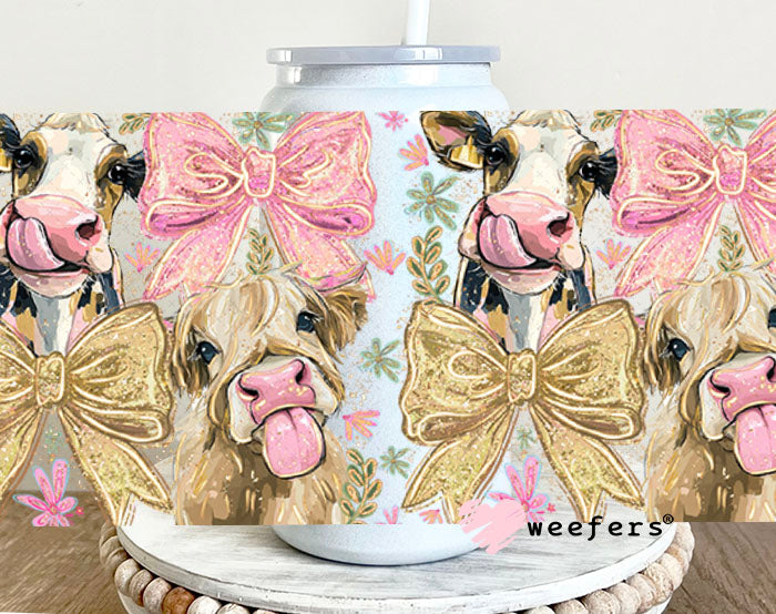 UV DTF Cup Wrap – Western Brown and Pink Bows and Cows 16oz Glass Can Generic Cup Wrap Weefers