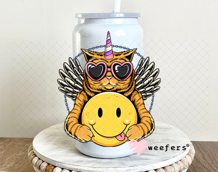 UV DTF Decal - Cat Hugging Smiley Face 16oz Glass Can Generic Weefers