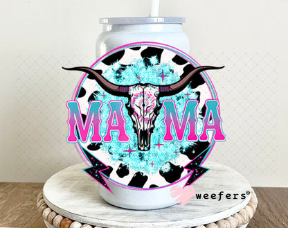UV DTF Decal - Mama Cow Skull Teal and Pink 16oz Glass Can Generic Weefers