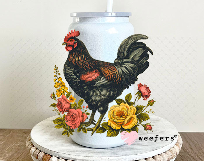 UV DTF Decal - Rooster Florals 16oz Glass Can Generic Weefers