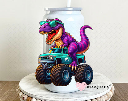 UV DTF Decal - Purple Dinosaur Monster Truck 16oz Glass Can Generic Weefers