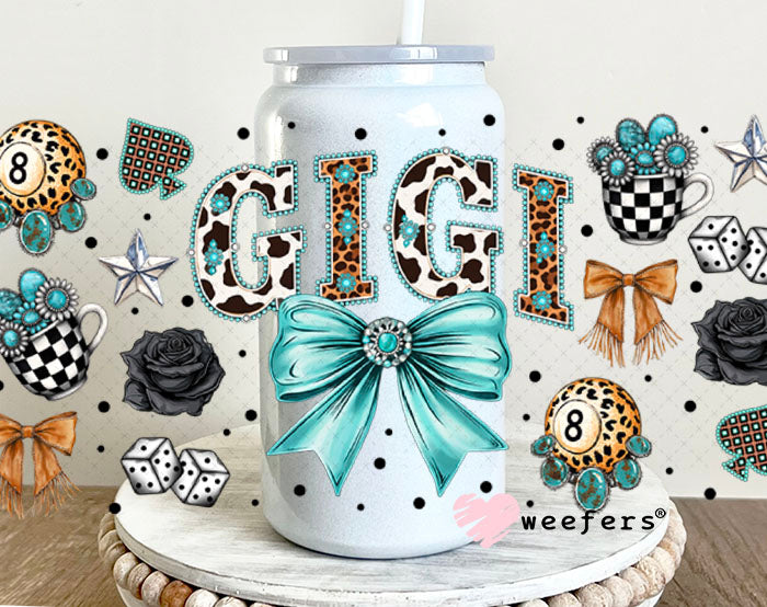 UV DTF Cup Wrap – Gigi Western Teal Bow - Weefers Exclusive 16oz Glass Can Generic Weefers