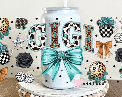 UV DTF Cup Wrap – Gigi Western Teal Bow - Weefers Exclusive 16oz Glass Can Generic Cup Wrap Weefers