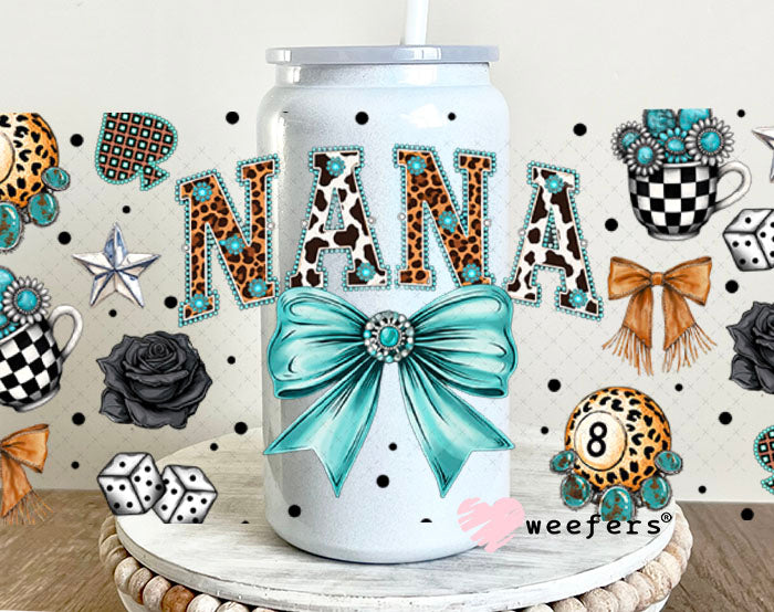 UV DTF Cup Wrap – Nana Western Teal Bow - Weefers Exclusive 16oz Glass Can Generic Cup Wrap Weefers