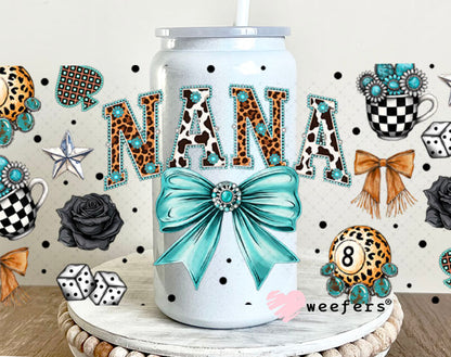 UV DTF Cup Wrap – Nana Western Teal Bow - Weefers Exclusive 16oz Glass Can Generic Cup Wrap Weefers