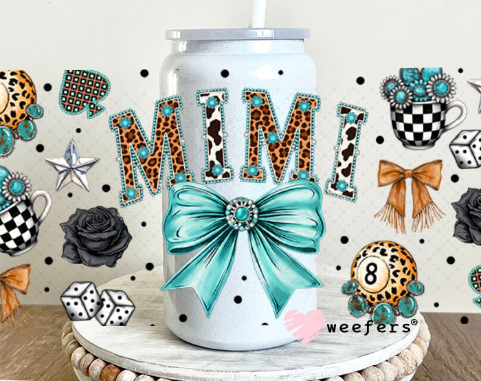 UV DTF Cup Wrap – Mimi Western Teal Bow - Weefers Exclusive 16oz Glass Can Generic Cup Wrap Weefers