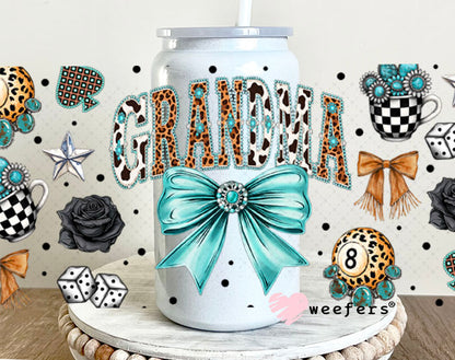 UV DTF Cup Wrap – Grandma Western Teal Bow - Weefers Exclusive 16oz Glass Can Generic Cup Wrap Weefers