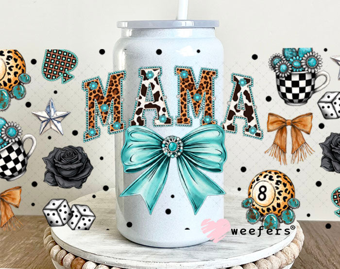 UV DTF Cup Wrap – Mama Western Teal Bow - Weefers Exclusive 16oz Glass Can Generic Cup Wrap Weefers
