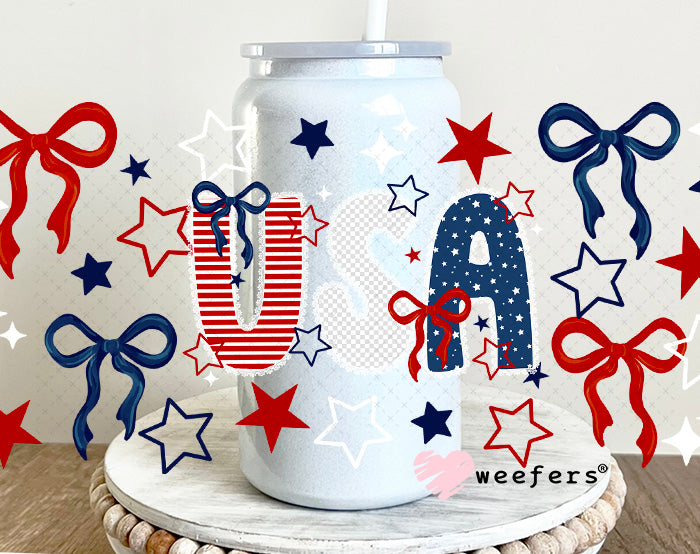 UV DTF Cup Wrap – USA Red White Blue Bows 16oz Glass Can Generic Weefers