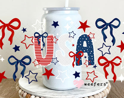 UV DTF Cup Wrap – USA Red White Blue Bows 16oz Glass Can Generic Weefers