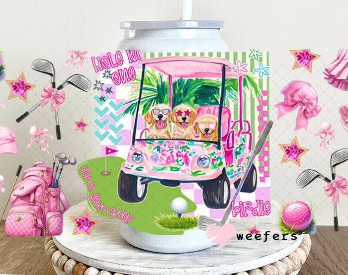 UV DTF Cup Wraps - Pink Dog Golf 16oz Glass Can Generic Weefers