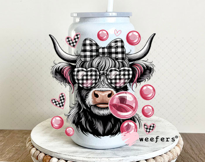 UV DTF Decal - Black and Pink Cow Bubbles 16oz Glass Can Generic Weefers