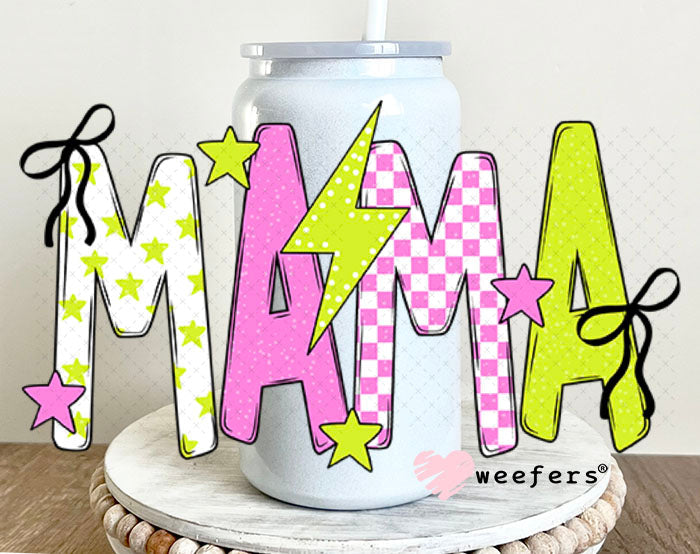 UV DTF Decal - Mama Pink Green Checkered 16oz Glass Can Generic Weefers