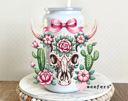 UV DTF Decal - Teal Cow Skull 16oz Glass Can Generic Weefers