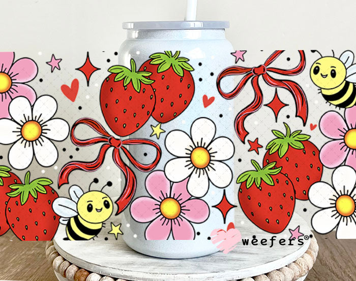 UV DTF Cup Wraps - Sweet Strawberries and Bees 16oz Glass Can Generic Weefers