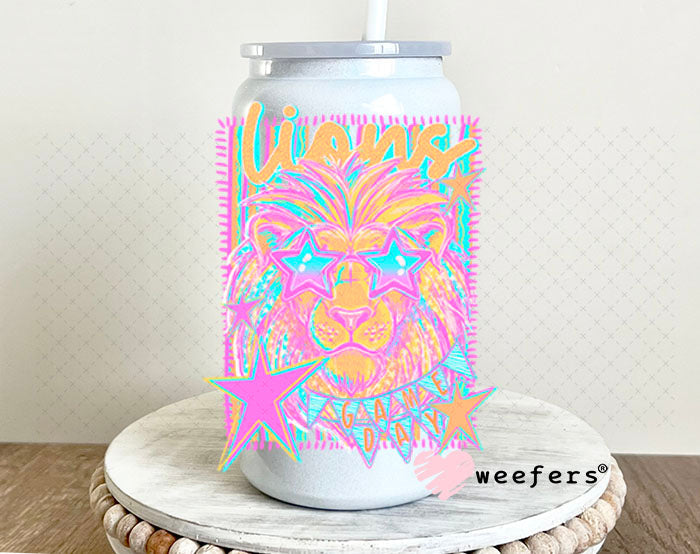 UV DTF Decal - Lions Game Day Colorful Mascot 16oz Glass Can Generic Weefers