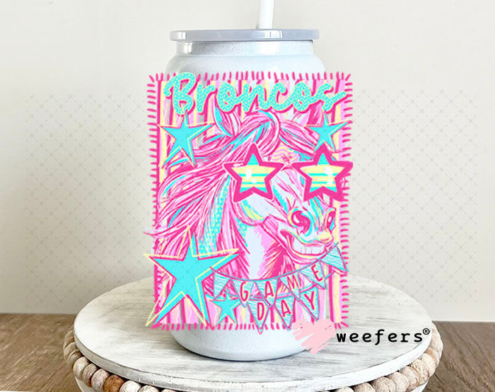 UV DTF Decal - Broncos Game Day Colorful Mascot 16oz Glass Can Generic Weefers