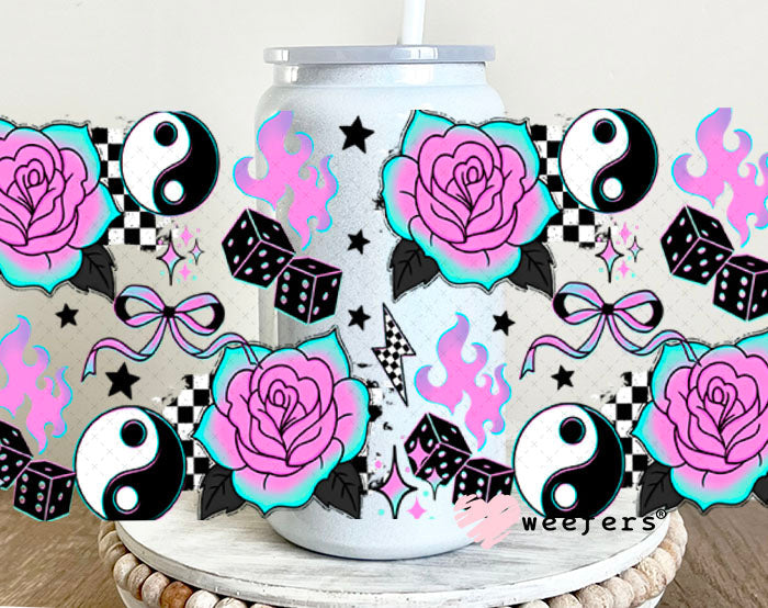 UV DTF Cup Wraps - Ying Yang Purple Teal Roses 16oz Glass Can Generic Weefers