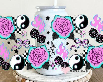 UV DTF Cup Wraps - Ying Yang Purple Teal Roses 16oz Glass Can Generic Weefers