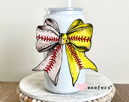 UV DTF Decal - Baseball Softball Bow 16oz Glass Can Generic Weefers