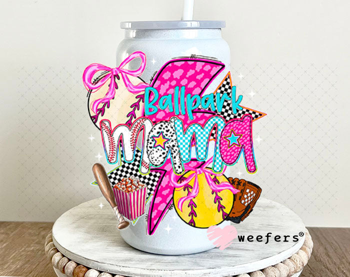 UV DTF Decal - Ballpark Mama Softball Baseball 16oz Glass Can Generic Weefers