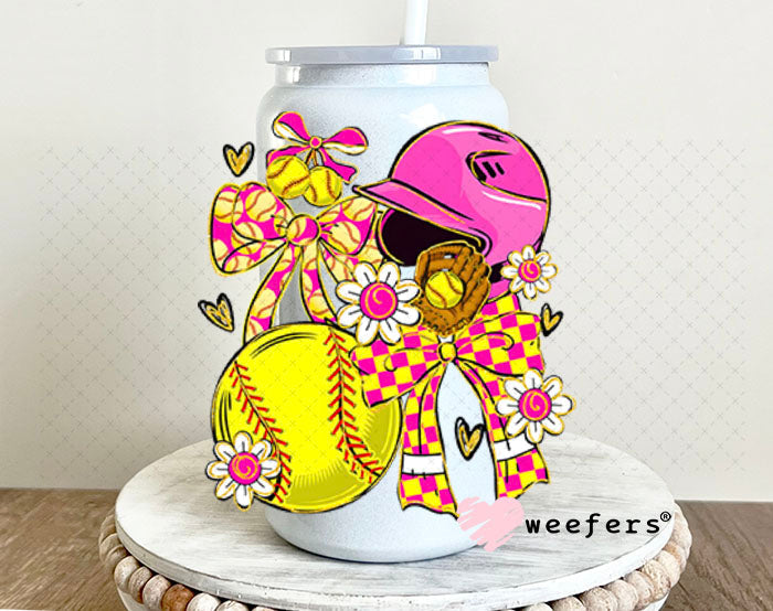 UV DTF Decal - Pink Yellow Sotfball Bows 16oz Glass Can Generic Weefers