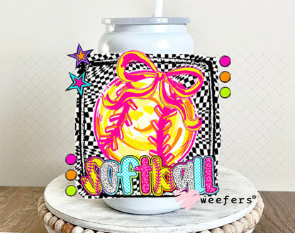UV DTF Decal - Softball Checkered 16oz Glass Can Generic Weefers