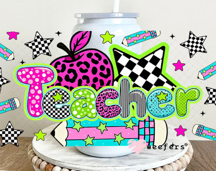 UV DTF Cup Wraps - Teacher Leopard Pink 16oz Glass Can Generic Weefers