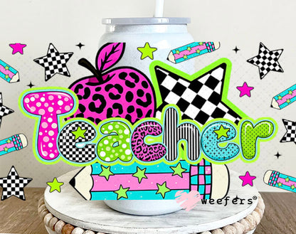 UV DTF Cup Wraps - Teacher Leopard Pink 16oz Glass Can Generic Weefers