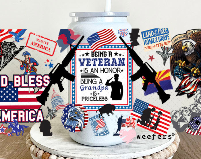 UV DTF Cup Wraps - God Bless America Veteran 16oz Glass Can Generic Weefers
