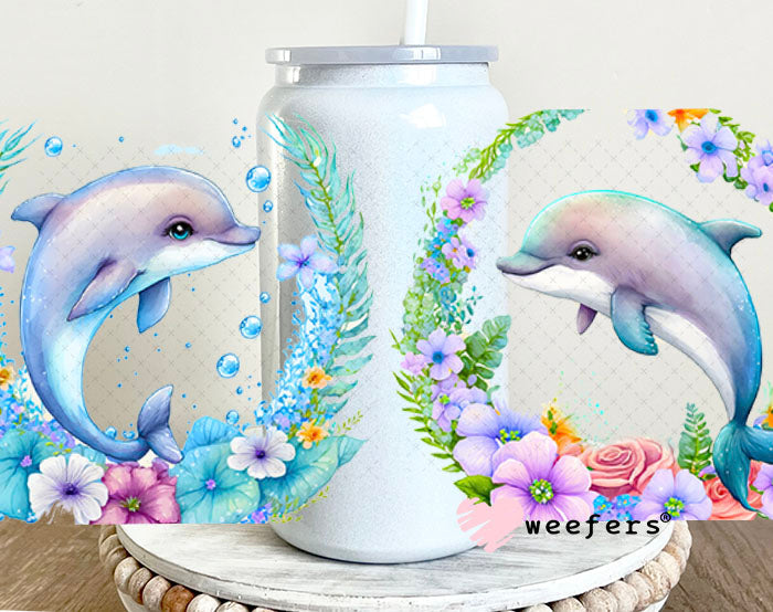UV DTF Cup Wraps - Dolphins Flowers 16oz Glass Can Generic Weefers
