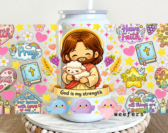 UV DTF Cup Wraps - God is my Strength 16oz Glass Can Generic Weefers