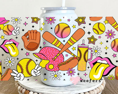 UV DTF Cup Wraps - Retro Softball Favorite Things 16oz Glass Can Generic Weefers