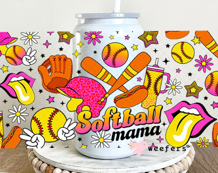 UV DTF Cup Wraps - Softball Mama Retro 16oz Glass Can Generic Weefers
