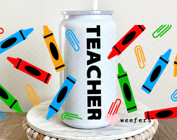 UV DTF Cup Wraps - Teacher Crayons 16oz Glass Can Generic Weefers