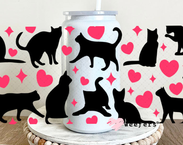 UV DTF Cup Wraps - Playful Black Cats and Hearts 16oz Glass Can Generic Weefers