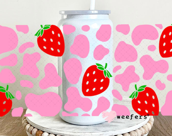 UV DTF Cup Wraps - Pink Cow Print Red Strawberries 16oz Glass Can Generic Weefers