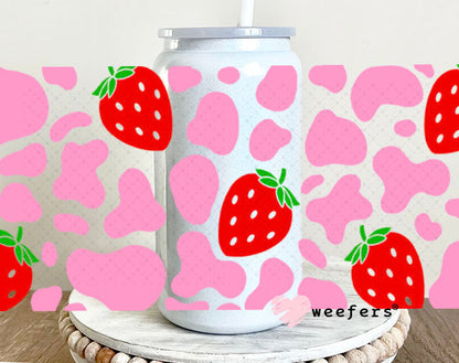 UV DTF Cup Wraps - Pink Cow Print Red Strawberries 16oz Glass Can Generic Weefers